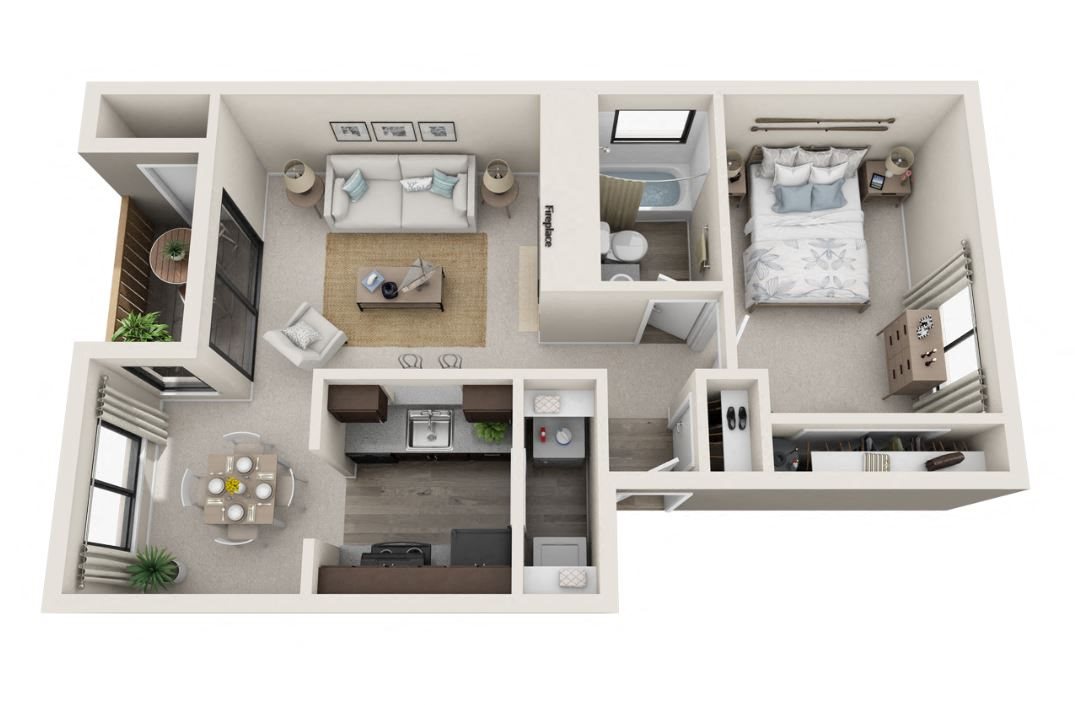 Floor plan for 1 bed, 1 bath, 665 sqft